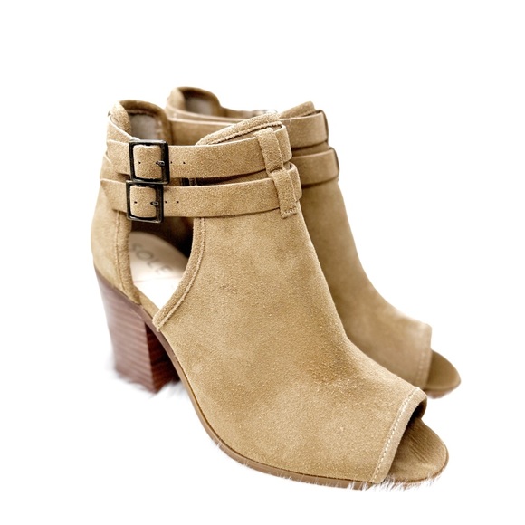 Sole Society Shoes - Sole Society CARISSE tan suede peep toe double strap wood block heel booties 8.5